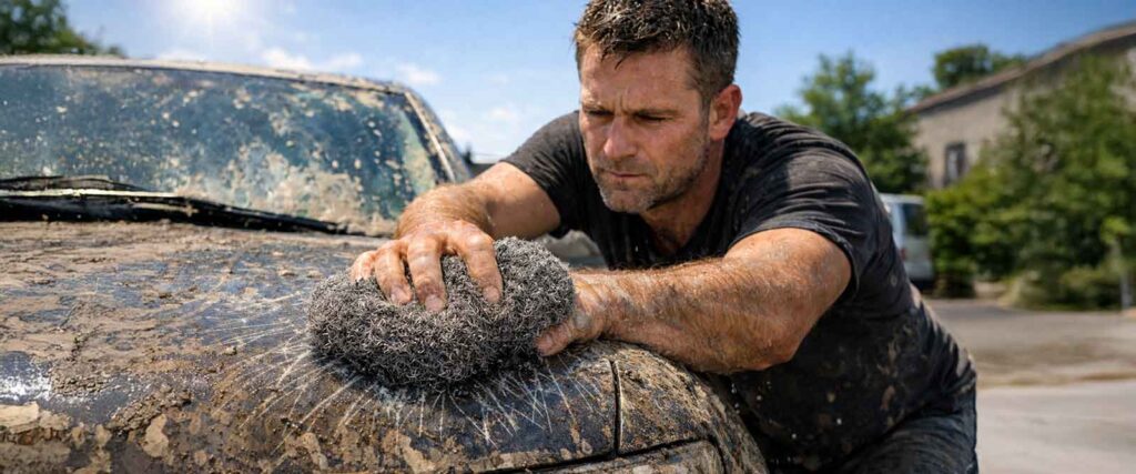 Fahrzeugaufbereitung ULTRA PRO MAX - Mann reinigt Auto mit Stahlschwamm