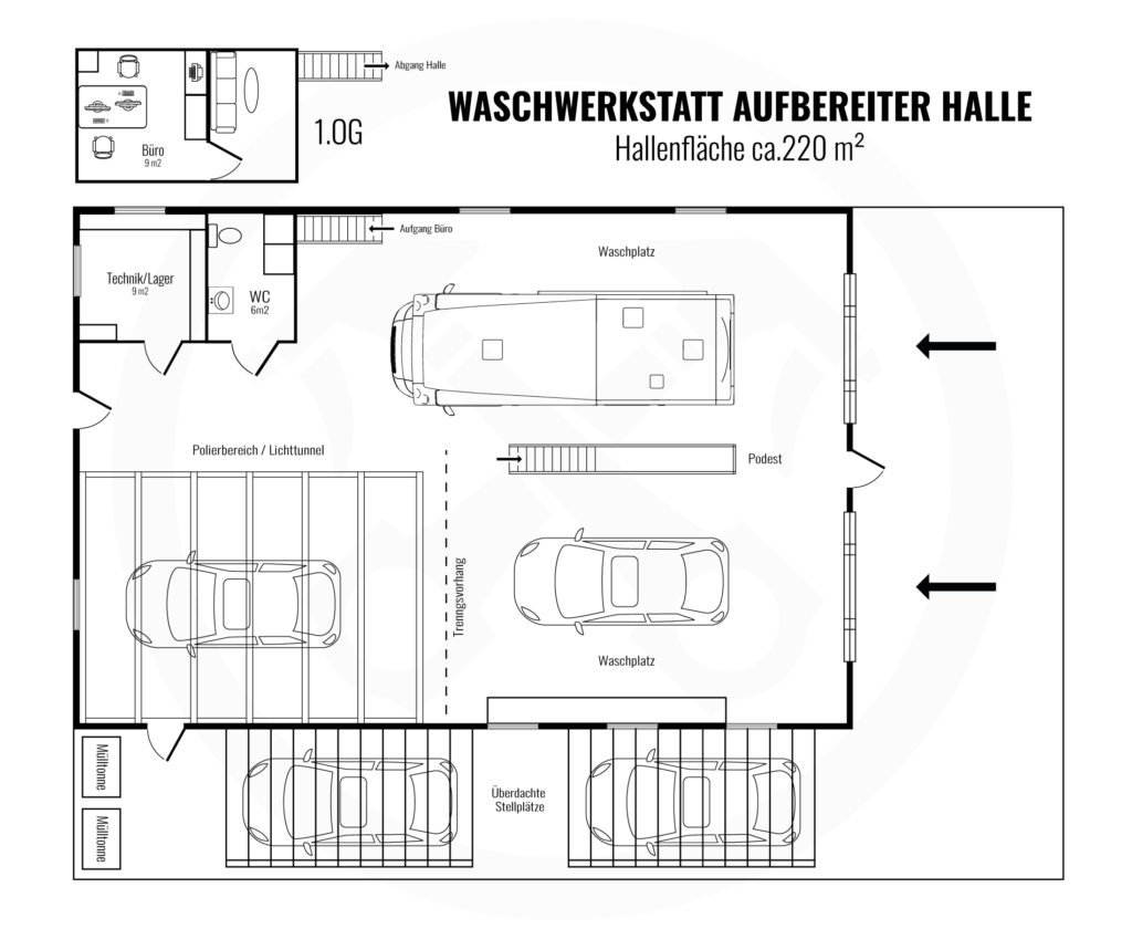 Fahrzeugaufbereitung Halle mieten - Planung einer Fahrzeugaufbereiter Halle mit Beschriftungen